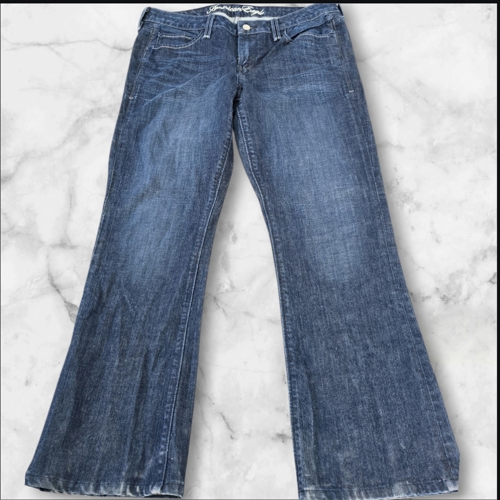 Womens American Eagle True Boot Distressed Denim Blue Jeans (SIZE: 12R)